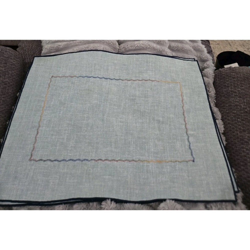 Set of 4 Light Blue Linen Placemats Navy‎ Border Rainbow Zig Zag Embroidery